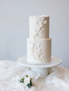 a white wedding cake sitting on top of a table