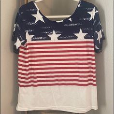 Super Silky Soft And Flowy Shirt Is Super Cute And Perfect For Summer And Fall! Casual Blue Tops With American Flag Print, Blue Cotton Tops With Flag Print, Blue Flag Print Tops For Summer, Casual Blue Tops With Flag Print, American Flag Print Crew Neck Top For Spring, American Flag Print Short Sleeve Top For Spring, Summer Flag Print Short Sleeve Tops, Red Tops With American Flag Print For Spring, Blue Flag Print Summer Shirt