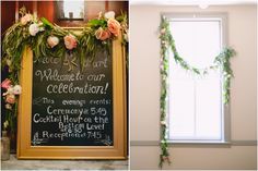 the wedding ceremony sign is decorated with greenery and flowers, along with a chalkboard