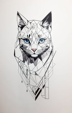 a drawing of a cat with blue eyes on a white background in black and white