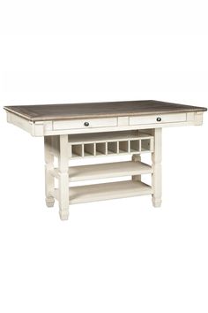 a white table with two drawers on top and one shelf underneath the table is empty