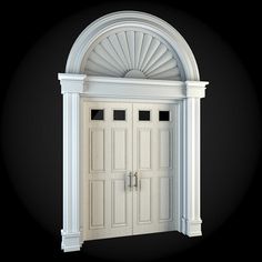 a white door with an arch and two doors on each side, against a black background