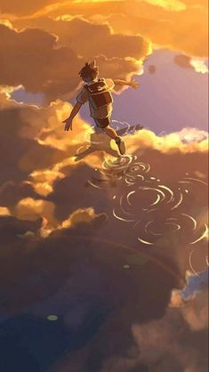 a man flying through the air on top of clouds