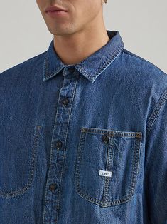 Whether you're looking for something durable enough to work in or just enjoy the rugged look, Lee® has got your back with this denim overshirt. Made with an oversized fit that prioritizes comfort from a soft cotton blend, it's perfect for keeping things comfortable no matter what the forecast says. Plus, detailing such as the square pockets on the front, black button closures, and pointed yoke add a little extra personality to every outfit you wear it with. Denim Overshirt, Loose Fit Denim, Riders Jacket, Rugged Look, Vintage Vest, Men's Tops, Got Your Back, Heritage Fashion, Vintage Shorts