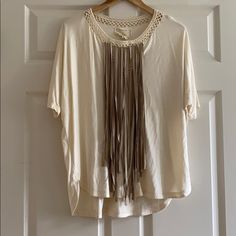 Never Worn! Casual Spring Crochet Top With Tassels, Casual Brown Top With Crochet Trim, Chic Beige Fringe Tops, Casual Brown Crochet Top With Crochet Trim, Brown Bohemian Open Knit Crochet Top, Bohemian Brown Open Knit Crochet Top, Suede Top, Suede Tops, Nicole Miller