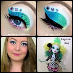 Monster High Lagoona Blue Monster Exchange Doll Makeup. Youtube channel: full.sc/SK3bIA Frankie Stein Makeup, Monster High Makeup, Monster High Lagoona, Monster High Halloween, Monster High Frankie Stein, Monster High Costume, Jumbo Eye Pencil, Monster High Birthday Party, Eyeshadow Designs