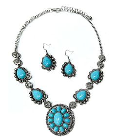 I1281SBTQ-41828 Turquoise concho pendant necklace      Color: SBTQ: Burnish Silver, Turquoise      Size: Pendant 1 1/2 x 1 7/8 inches Necklace length 18 inches extend Please don't forget to include your apartment number on order if applicable. ******Our products are generally made of metal alloy (silver and copper and other metal alloy) with high quality plating(It will last for a long while without tarnish). Lead and Nickel Compliant. Western Style Turquoise Dangle Jewelry, Turquoise Concho Dangle Jewelry, Western Style Nickel Free Turquoise Jewelry, Nickel-free Turquoise Western Jewelry, Southwestern Turquoise Metal Jewelry, Western Theme, Necklace And Earrings Set, Necklace And Earrings, Silver Turquoise