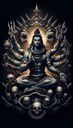 A powerful and majestic depiction of Lord Shiva, the Hindu deity of destruction and transformation, seated in deep meditation. With multiple arms holding divine weapons and symbols, his serene face contrasts with the fierce energy emanating from his form. Surrounded by a halo of skulls and adorned with the tiger skin and serpents, this image captures the duality of Shiva's nature — both calm and fearsome. The dark background highlights the divine aura, enhancing the intensity and spiritual depth of this divine visualization.  #Tags: #LordShiva #HinduDeity #DivineWarrior #Meditation #SpiritualArt #CosmicEnergy #MythologyArt #AncientGod #DestructionAndCreation Religion Tattoos, Multiple Arms, Shiva Meditation, Shiva Parvati, Tiger Skin, Deep Meditation, The Hindu, Cosmic Energy, Mythology Art