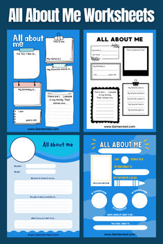 an all about me worksheet is shown in blue and white with the words all about