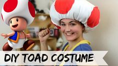 a woman wearing a mushroom costume next to a stuffed animal doll with the words diy toad costume on it