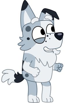 a cartoon dog with black and white spots on it's face, standing in front of