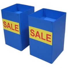 two blue bins with yellow and red sale signs on the sides, one for each