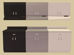 two renderings of kitchen cabinets and cupboards with different color variations on the same wall