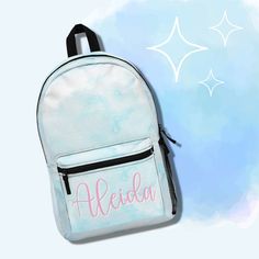 personalized backpack| Blue water color backpack | watercolor print backpack for girls | watercolor backpack personalized | Personalized gift | Have you got room for all that? With our roomy and durable backpack, you will! This bag is made from spun polyester and weights 1.3 lbs, just enough to be light, strong and long-lasting. Grab it, stow it, throw it onto the seat next to you, this backpack can take it, and so will you, wherever you go! .: 100% polyester .: Lightweight and waterproof .: Adj Clear Backpack Personalized, Blue Disney Backpack With Adjustable Strap, Personalized Blue Standard Backpack, Blue Backpack-style Shoulder Bag, Blue Personalized Standard Backpack, Blue Backpack With Adjustable Strap For On-the-go, Waterproof Paint, Durable Backpack, Girls Personalized Gifts