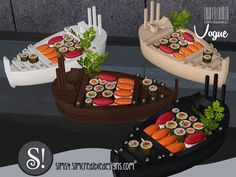 sushi boats are shown with different types of sushi on the bottom and sides