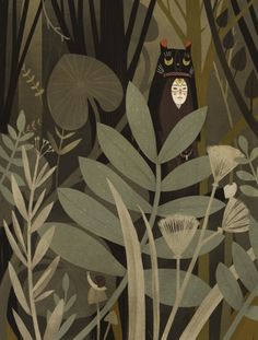 an illustration of a black cat in the woods surrounded by plants and mushrooms with leaves