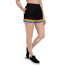 Introducing our Black Rainbow Pride Athletic Shorts, the perfect combination of style and function! Made from a high-quality, lightweight fabric, these shorts are perfect for any athletic activity. The classic tan color is accented with vibrant rainbow stripes, representing inclusivity, diversity, and pride. These shorts are designed for maximum comfort and functionality. They feature an elastic waistband with a drawstring closure, ensuring a secure and comfortable fit for all body types. The fa Black Rainbow, Lgbt Pride, Rainbow Pride, Intense Workout, Rainbow Stripes, Tan Color, Athletic Shorts, Lightweight Fabric, Body Types