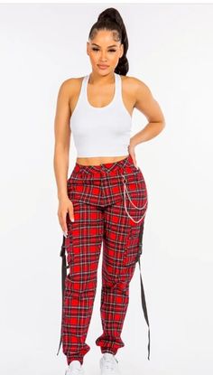 High waist plaid cargo joggers - Button waist closure - Chain details - Elastic banded hem Casual Plaid Bottoms With Belt Loops, Cargo Jogger Pants, Khaki Fashion, Cargo Joggers, Plaid Pants, Plaid Design, Handbags For Men, Womens Plaid, Suspenders