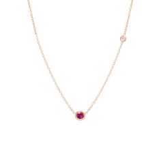 14k gold chain necklace with a single bezel set round ruby and an off-set round white diamond SPECIFICS • 14k cable chain adjustable at 14-15-16"• ruby stone is 3mm, diamond is 2mm• white diamond .03ctw 14k Gold Bezel Setting Necklace, Fine Jewelry Ruby With Bezel Setting, Fine Jewelry Birthstone Necklace With Delicate Chain, Fine Jewelry Ruby Necklace With Single Cut Diamonds, Ruby Necklace With Single Cut Diamonds, Fine Jewelry Birthstone Necklace With Single Diamond, Elegant Ruby Jewelry With Delicate Chain, Elegant Red Necklace With Single Cut Diamonds, Red Ruby Necklace With Bezel Setting