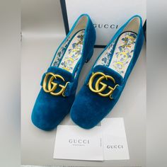 Almost Brand New.Used One Time Only .Comes With Original Box And Shoe Dust Bags . Gucci Logo Gold Hardware . Heel Height Almost 2” Inch. Turquoise Blue Color . Size:38 Made In Italy. Gucci Shoes Women, Turquoise Blue Color, Gucci Women, Velvet Shoes, Shoes Gucci, Gucci Logo, Bags Gucci, Shoes Color, Gucci Shoes