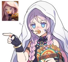 an anime character with long purple hair pointing to the side and holding a camera in her hand