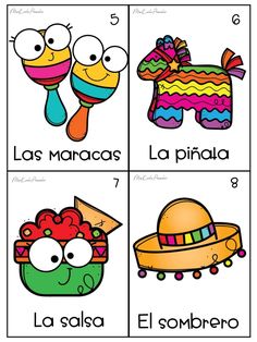 four different pictures with the words in spanish and an image of a cartoon horse, mexican hat