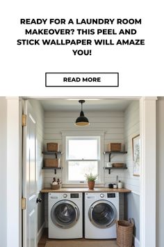 Bright laundry room with blue and white geometric peel and stick wallpaper