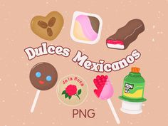 an image of mexican food on sticks with the words'dulces mexicoo '