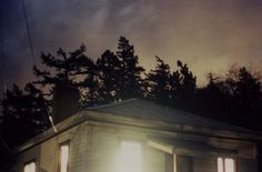 the light shines brightly in front of a small house with trees on either side