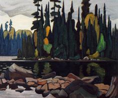 a painting of trees and rocks in the water