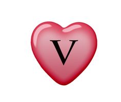 a red heart with the letter v on it