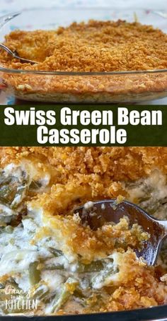 a casserole dish filled with green bean casserole and topped with cheese