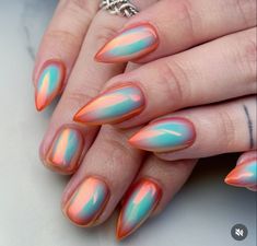 Chrome Nails How To, Nail Art Orange, 75 Birthday, Cosmic Nails, Nails Basic, Nails Products, Sunset Nails, Metallic Nail Art, Aura Nails