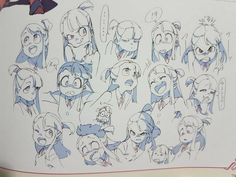 a bunch of cartoon faces drawn in pencil and watermarked on the back of a book