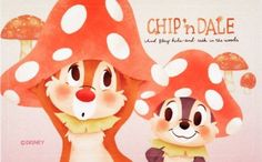 two cartoon characters standing next to each other in front of a mushroom covered background with the words chip'n dale on it