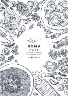 an italian food menu with pasta, meat and vegetables on the table in black and white