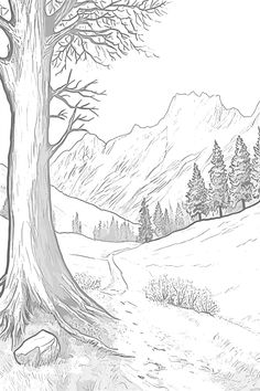 a drawing of a tree in the middle of a field with mountains in the background