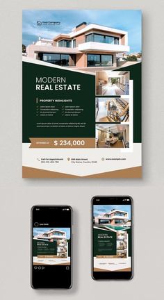 the real estate flyer is shown with two phones