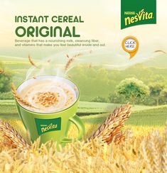 an advertisement for nestiva cereal is shown in the middle of a field with wheat