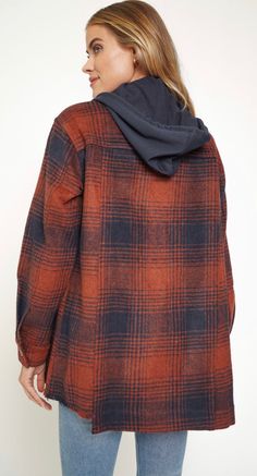 Unbalanced Raw Hem Plaid Shirt Jacket with HoodHood with drawstringButton front closureButtoned flap pockets-100% Polyester / Contrast: 65% Polyester, 35% Cotton-Model wears: S / Model height: 5` 9"