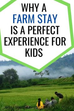 three people sitting in the grass with text overlay saying why a farm stay is a perfect experience for kids