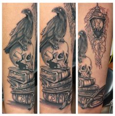 three different views of a tattoo with skulls, books and a raven sitting on top