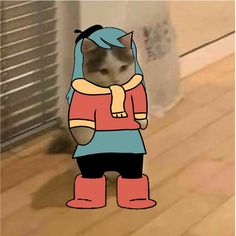 a cat is standing on the floor with its head turned to the side, wearing boots and a scarf