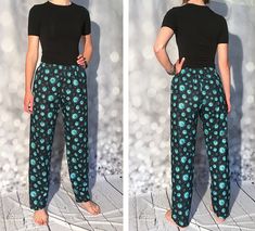 two pictures of a woman in black shirt and blue pants with polka dots on them