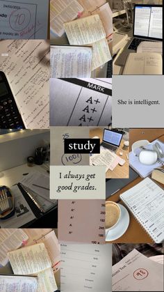 a collage of photos with papers and laptops