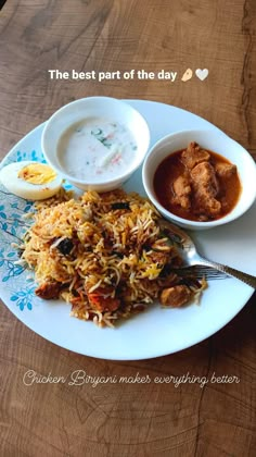 a plate with rice, meat and sauces on it that says the best part of the day