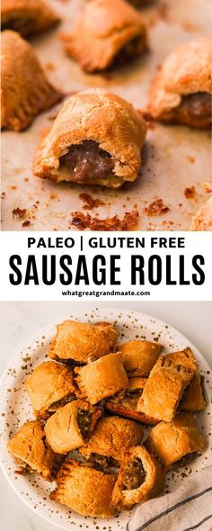 sausage rolls on a plate with text overlay that reads palen gluen free sausage rolls