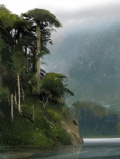 a digital painting of trees on a cliff by the water