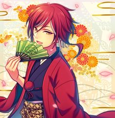 an anime character with red hair holding money in her hand and wearing a kimono