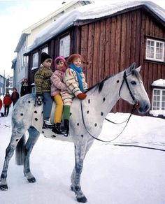 three children sitting on the back of a white horse in front of a wooden building